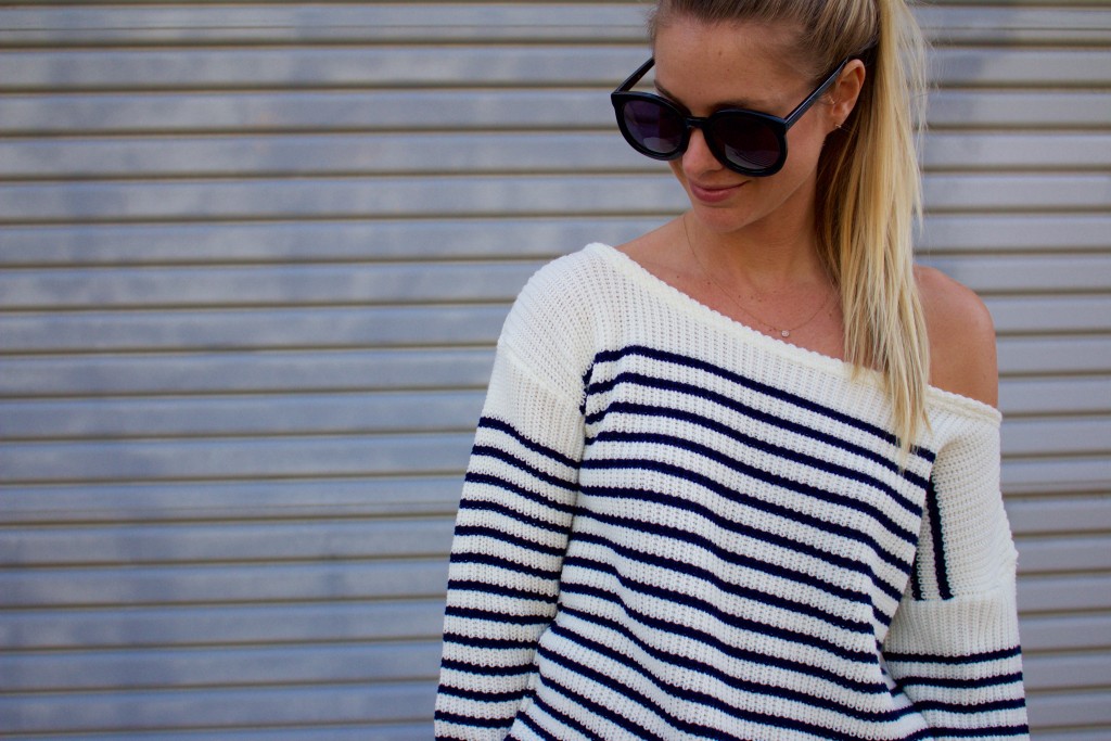 off the shoulder striped sweater