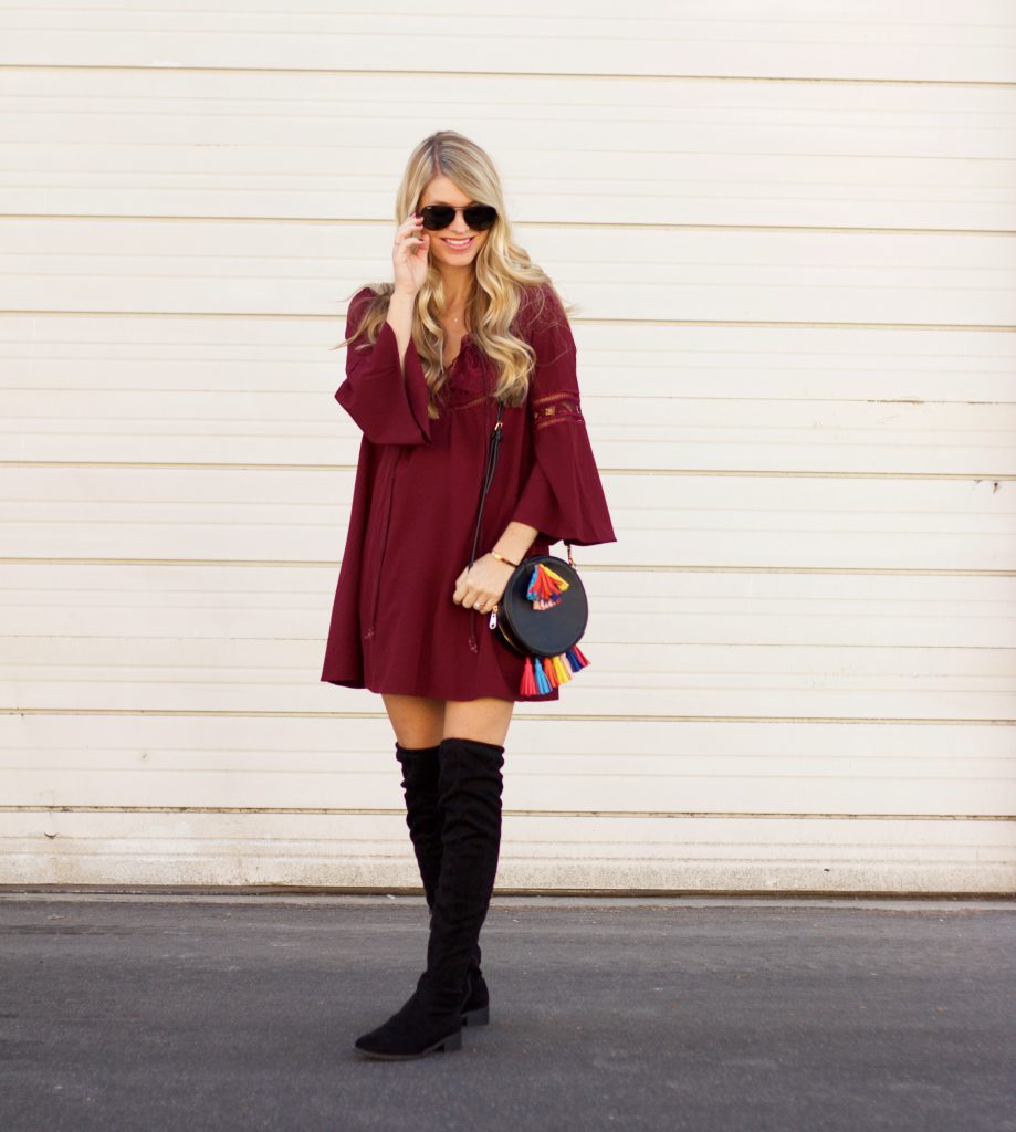 burgundy bell sleeve dress